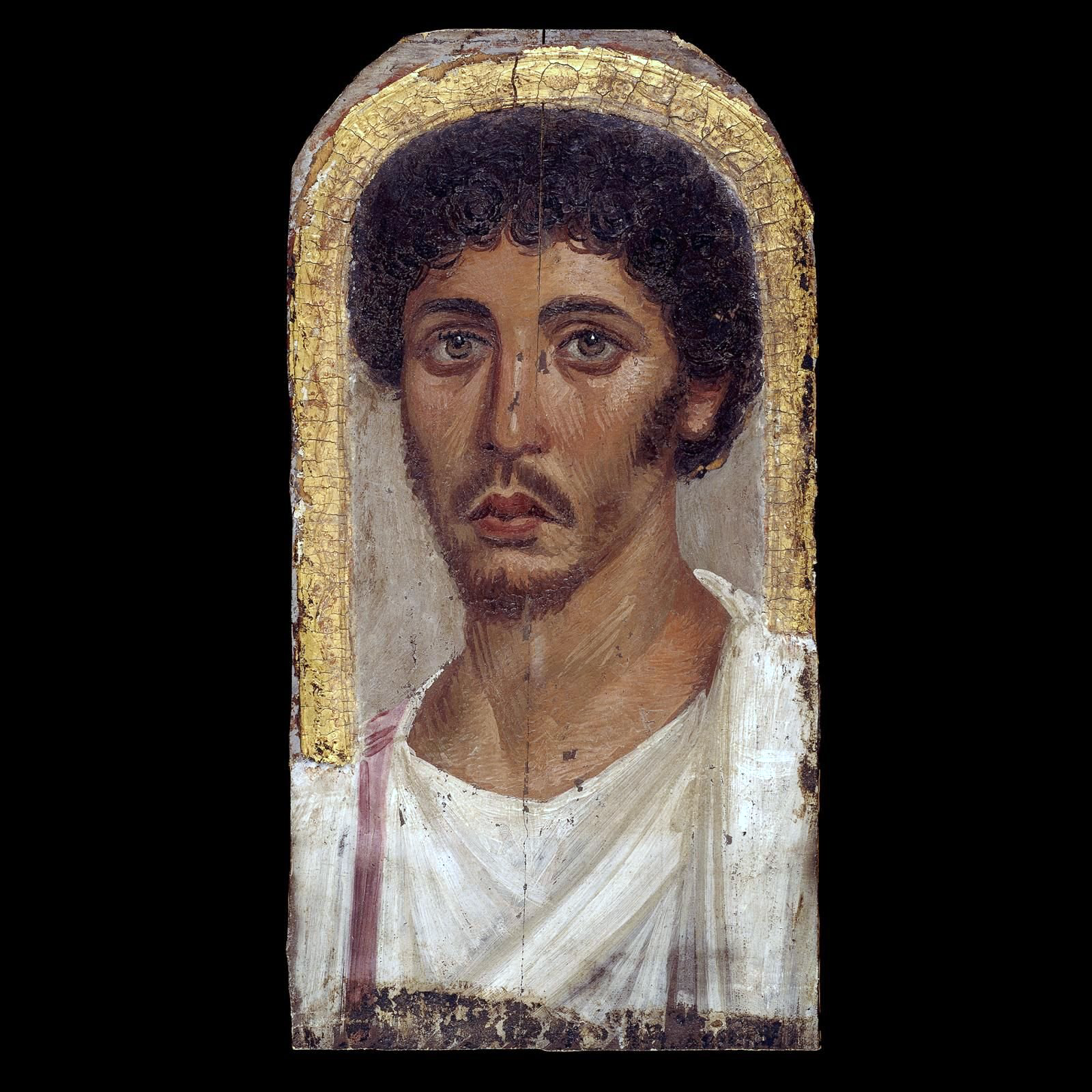 Portretul unui tânăr pe lemn de tei, cu o ramă din stuc auriu. Egipt, perioada romană, cca. 150–170 d.Hr.